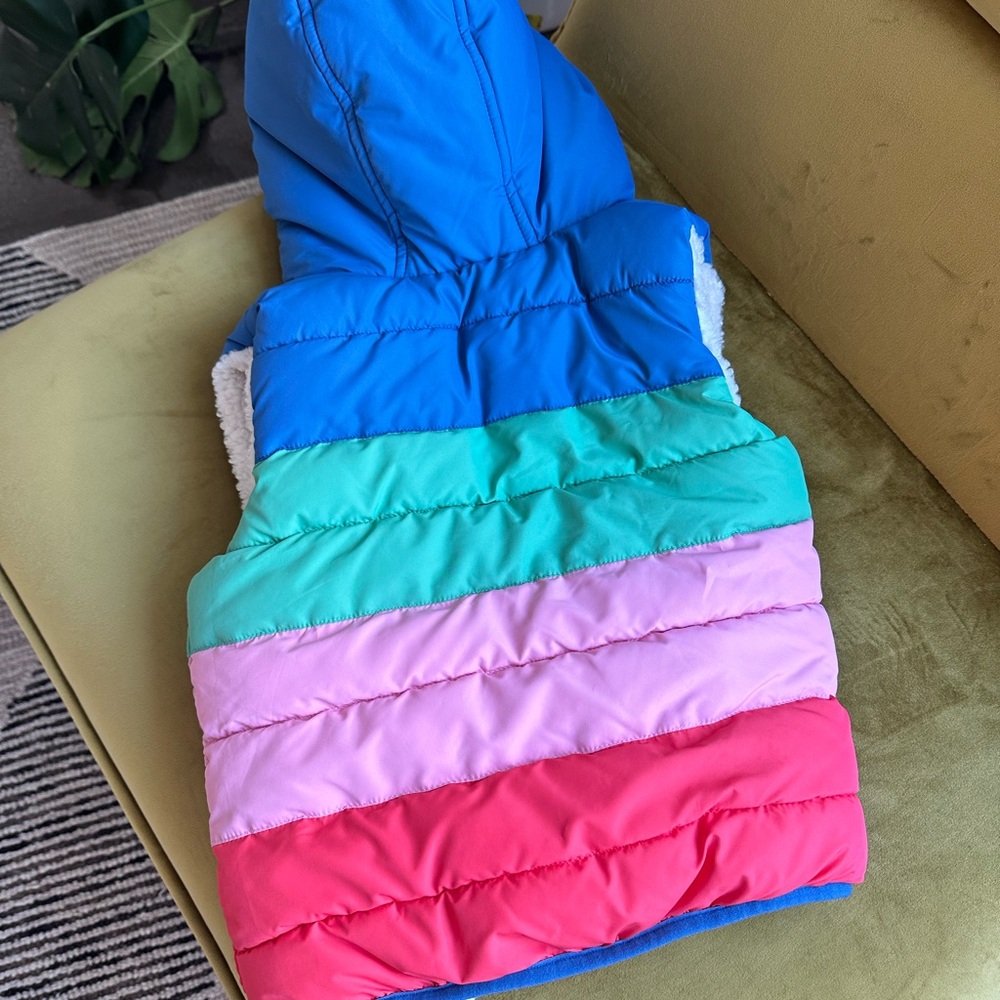 Mini Boden Multicolor Puffer Vest with Sherpa Hood - Picture 3 of 13